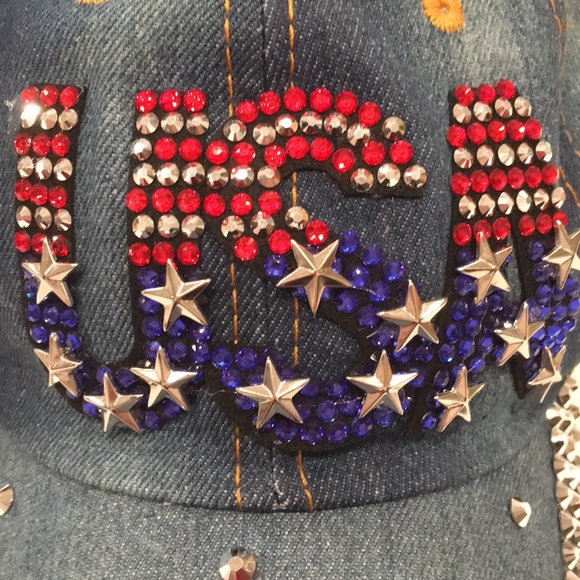 Rhinestone USA Flag Denim Baseball Hat - Picture 10 of 10